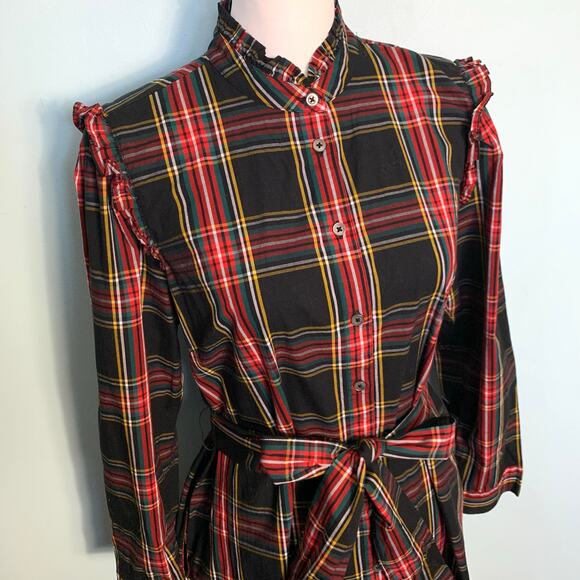 J. Crew Factory Stewart Tartan Plaid Ruffleneck Belted Shirtdress Size 10 - Picture 4 of 10